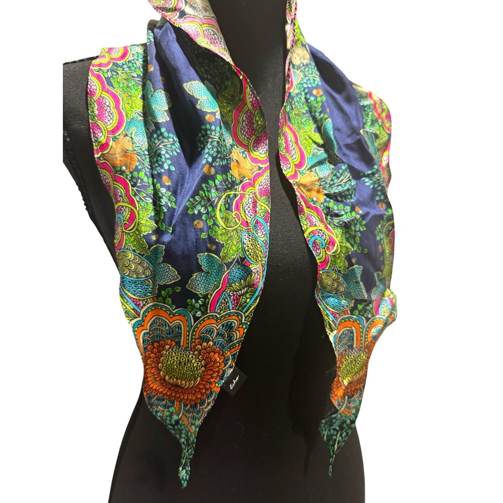 Vintage Echo Silk Neck Scarf or Hair Band Bright Floral Scalloped Edge Paisley